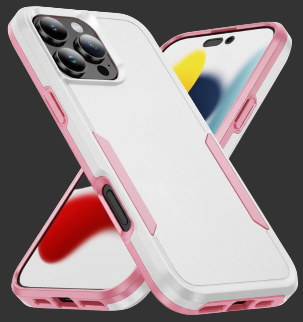 Phone case with pink border and clear back on a dark background